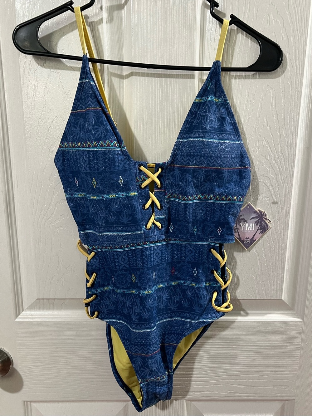 YMI Blue One-Piece Swimsuit with Yellow Accents. Swimsuit w adjustable straps. S